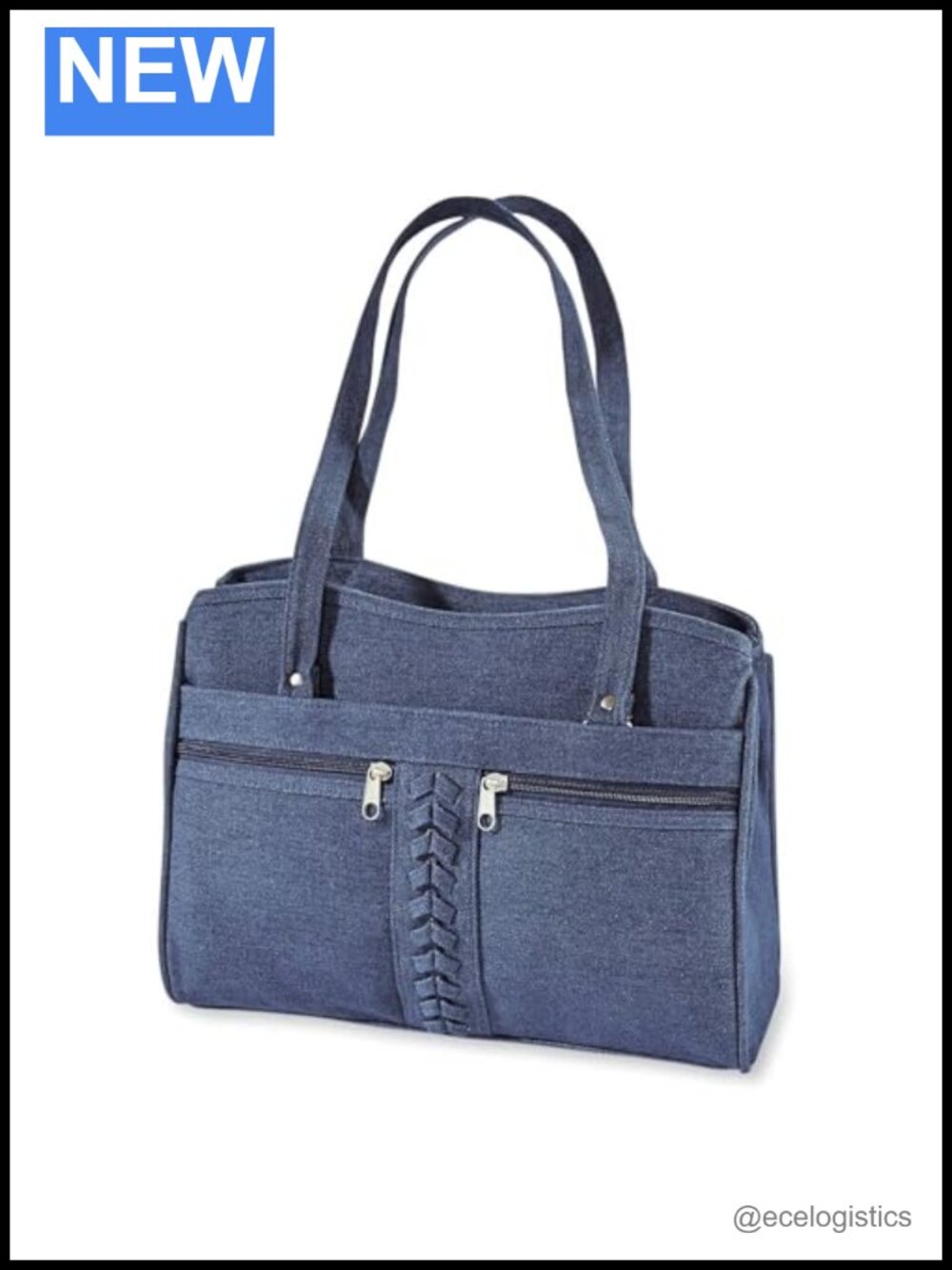Denim Shoulder Bag Crossbody with Braided Trim, Two Top Handles